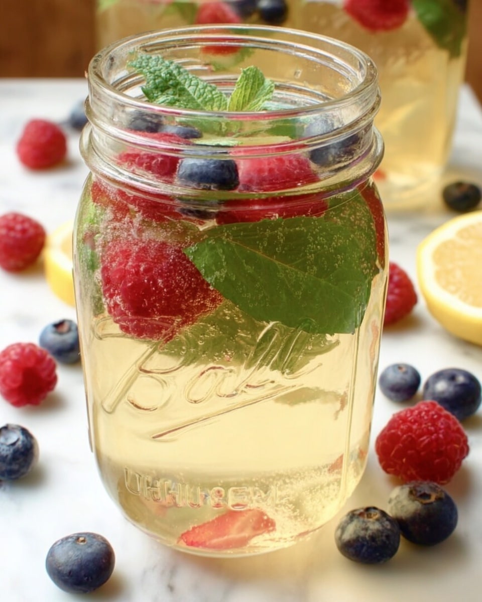 Four clear glass jars with handles are filled with a light golden liquid. Each jar contains three visible layers inside: floating bright red raspberries, fresh green mint leaves, and a few small bubbles rising in the liquid. The jars are placed on a wooden surface along with slices of lemon, lime, and peach, scattered raspberries and blueberries, and some mint leaves. The background is softly blurred with green and brown hues, creating a fresh, natural feel. photo taken with an iphone --ar 4:5 --v 7