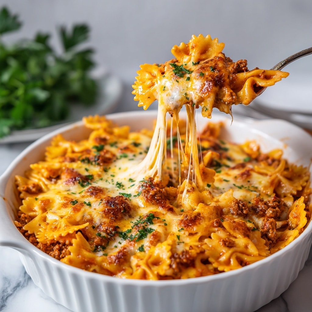 The image shows a close-up of a white bowl filled with baked bowtie pasta layered with melted cheese and tomato sauce. The bottom layer is cooked bowtie pasta in a red tomato sauce with bits of meat or vegetables that add texture. On top of that, there is a thick layer of melted brownish-orange cheese that looks gooey and stretchy, with strands pulling away from the bowl. A metal spoon is lifting some pasta from the bowl, showing a mix of pasta, cheese, and sauce on it, with strings of melted cheese hanging from both the spoon and the bowl. The bowl is placed on a white marbled texture surface, with some blurred background items visible. Photo taken with an iphone --ar 4:5 --v 7