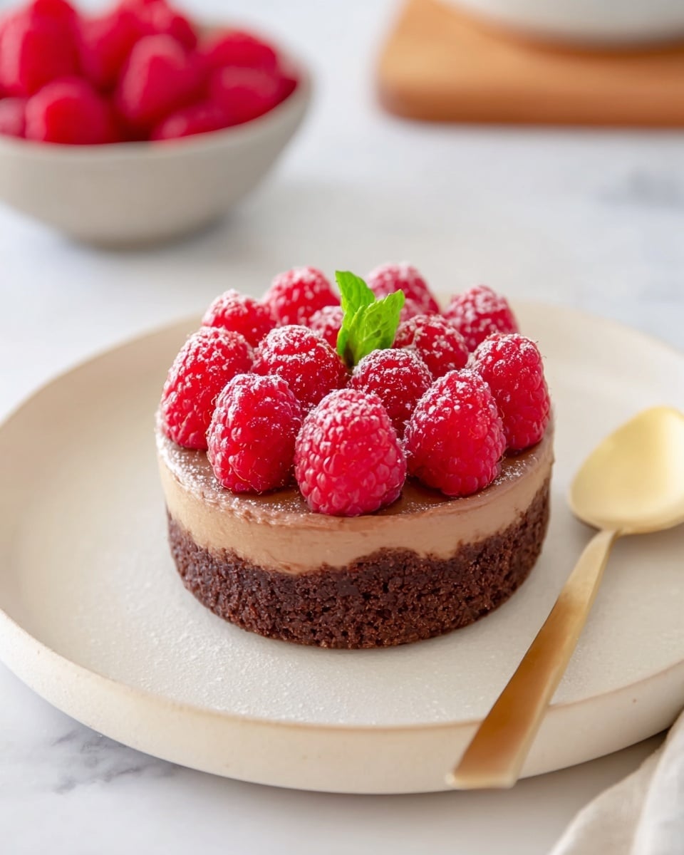 A small dessert with three clear layers sits on a white plate on a white marbled surface. The bottom layer is crumbly and dark brown, like a crunchy chocolate base. Above it is a smooth, creamy milk chocolate layer with a soft texture. The top layer has fresh, bright red raspberries evenly placed in a circle, with a light dusting of powdered sugar and a small green mint leaf in the center. To the side, there is a gold spoon on the white marbled surface and a blurred bowl of raspberries in the background. Photo taken with an iphone --ar 4:5 --v 7