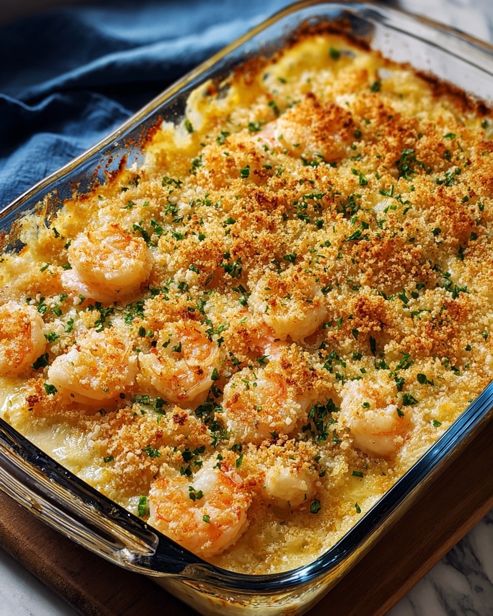 A close-up view of a baked shrimp dish in a dark blue rectangular baking dish with handles visible on the right side, set on a white marbled surface. The dish has two main layers: a creamy, golden base layer with visible shrimp pieces mixed in, topped with a golden brown crispy layer of breadcrumbs and cheese. Whole shrimp are arranged on top, slightly browned, with finely chopped green herbs sprinkled over the entire surface, giving a fresh contrast to the golden tones. Some bubbling cheese and browned edges are visible around the sides of the dish. Photo taken with an iphone --ar 4:5 --v 7