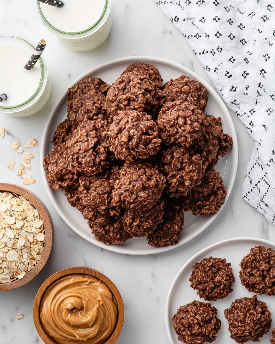 A large white plate piled high with round, chunky no-bake cookies made of chocolate and oats, each cookie showing a rough and textured surface with visible oats mixed into the chocolate. To its right, a smaller white plate holds six more of the same cookies neatly arranged. Below, on a white marbled texture, there is a small wooden bowl filled with dry rolled oats and a white bowl containing smooth peanut butter with visible swirls on the surface. On the upper left, two glasses of milk with black and white patterned straws stand beside a white cloth with tiny black crosses pattern. photo taken with an iphone --ar 4:5 --v 7