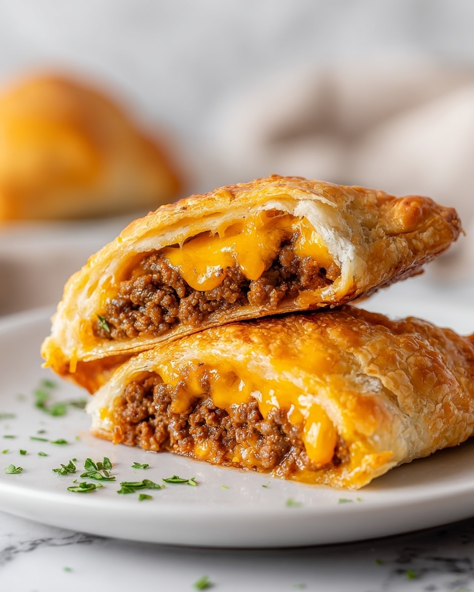 A white plate holds two halves of a stuffed pastry, stacked with one half leaning on the other. Each pastry is golden brown and crispy on the outside, showing a flaky texture. Inside, there are two visible layers: a bottom layer of browned ground meat with a slightly crumbly texture, and a top layer of melted bright yellow cheese that looks gooey and soft, oozing slightly out of the pastry. Small bits of green herbs are scattered lightly on the plate’s edge, while the background features a blurred white marbled surface. Photo taken with an iphone --ar 4:5 --v 7