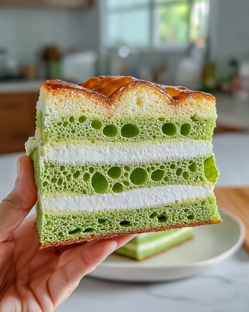 A close-up view of a layered green sponge cake held by a woman's hand, showing a total of seven layers. The cake has four thick green sponge layers with large, irregular air holes inside, separated by three thin layers of smooth white cream. The top layer of the cake has a light golden-brown crust with a glossy finish, possibly a syrup or glaze, and the bottom layer has a slightly crispy brown edge. The cake is held above a white plate on a white marbled surface, with a blurred kitchen background. Photo taken with an iphone --ar 4:5 --v 7