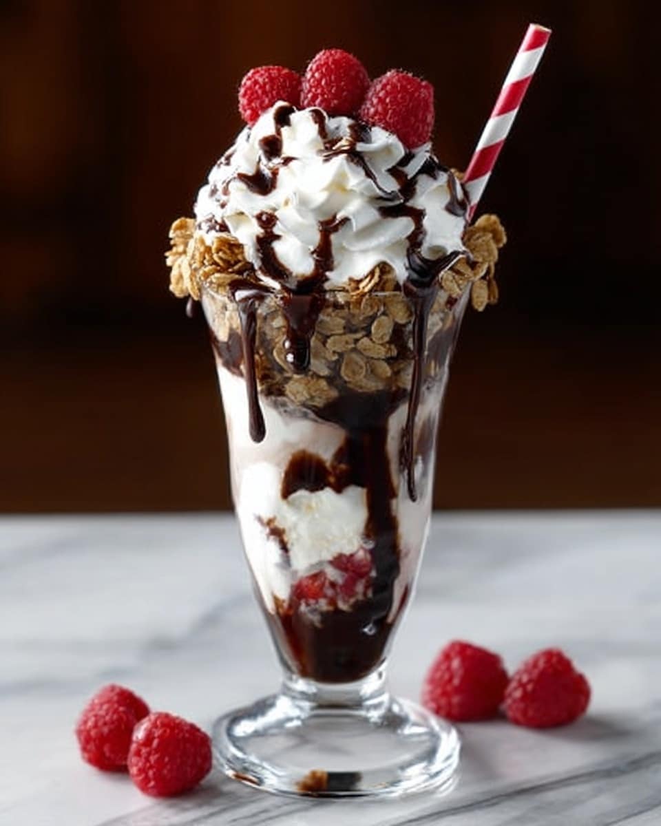 A tall clear glass holds a layered dessert starting with a bottom layer of dark brown chocolate pudding, followed by a white whipped cream layer, then another layer of chocolate pudding, topped with a thick white whipped cream layer. On top of the whipped cream is a generous pile of golden brown crunchy cereal pieces, with more whipped cream on the very top. To the left of the glass is a white plate with additional crunchy cereal pieces. The background is a smooth pale pink, and all is set on a white marbled surface. Photo taken with an iphone --ar 4:5 --v 7