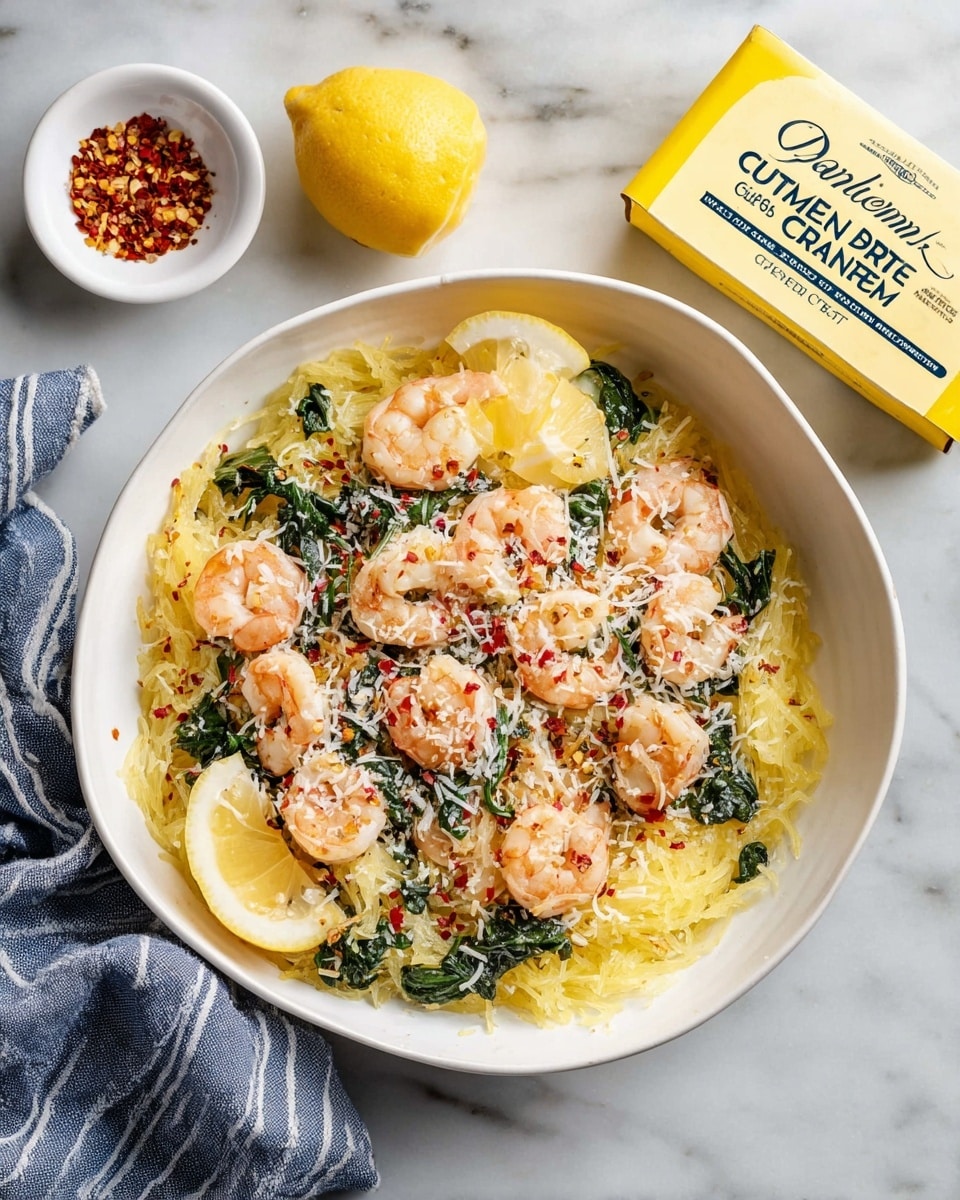 A white bowl filled with a dish consisting of three main layers: at the bottom, a light yellow spaghetti squash base with a slightly stringy texture; on top, small pink shrimp scattered all around, mixed with dark green spinach leaves; sprinkled over the entire dish is a layer of grated white cheese and tiny red pepper flakes. Two lemon wedges sit near the center, adding a fresh yellow accent. Nearby, a pack of Danish Creamery premium butter with yellow and white packaging rests on a white marbled surface, alongside a white bowl with red chili flakes and a folded blue and white striped cloth. photo taken with an iphone --ar 4:5 --v 7