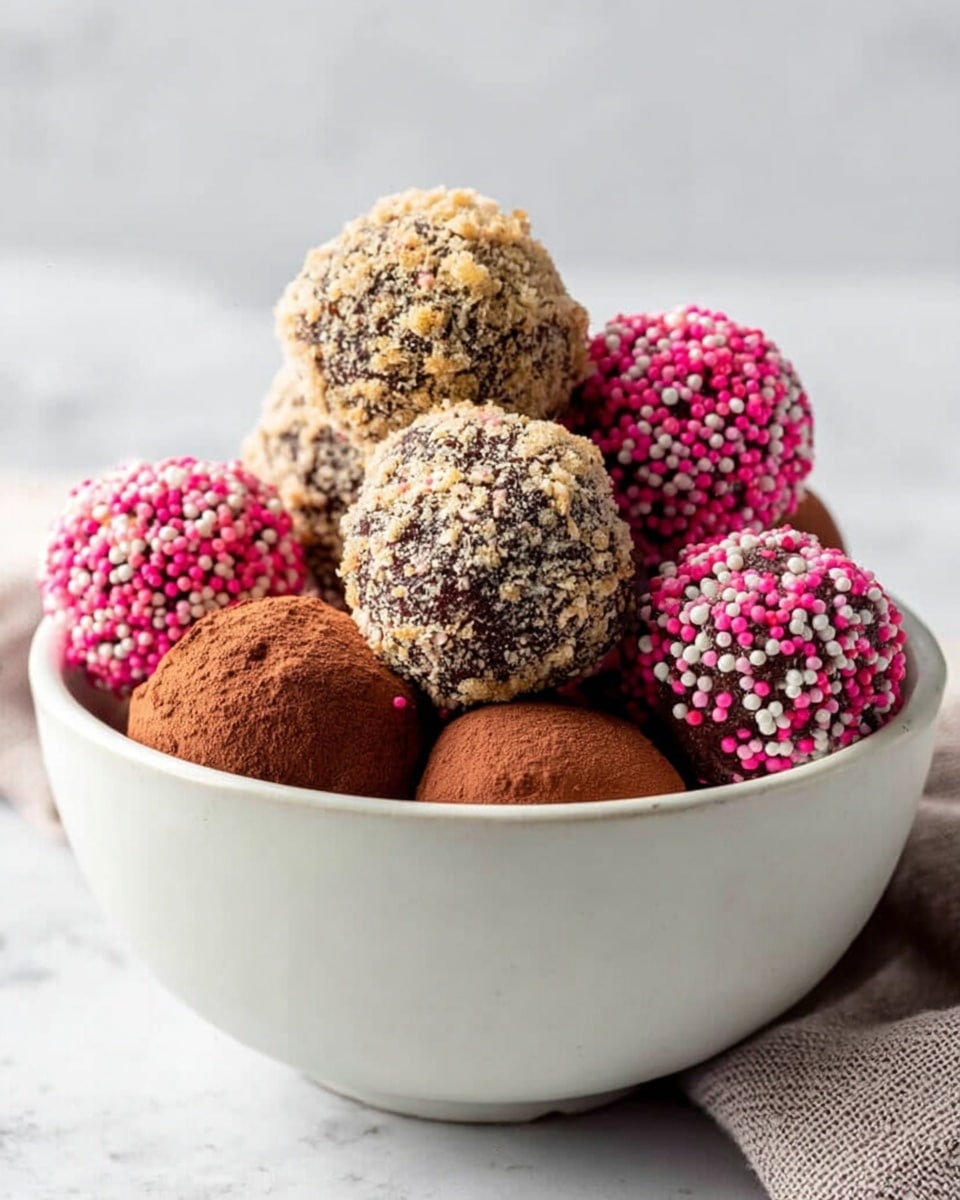 A white bowl holds a pile of round truffles with three different coatings. Some truffles are covered in light brown crushed nuts with a rough texture. Others are coated in smooth dark brown cocoa powder, looking soft and matte. The last truffles are bright pink and white with small round sprinkles, giving a colorful and crunchy look. The bowl rests on a white marbled surface with a subtle pattern in the background. photo taken with an iphone --ar 4:5 --v 7