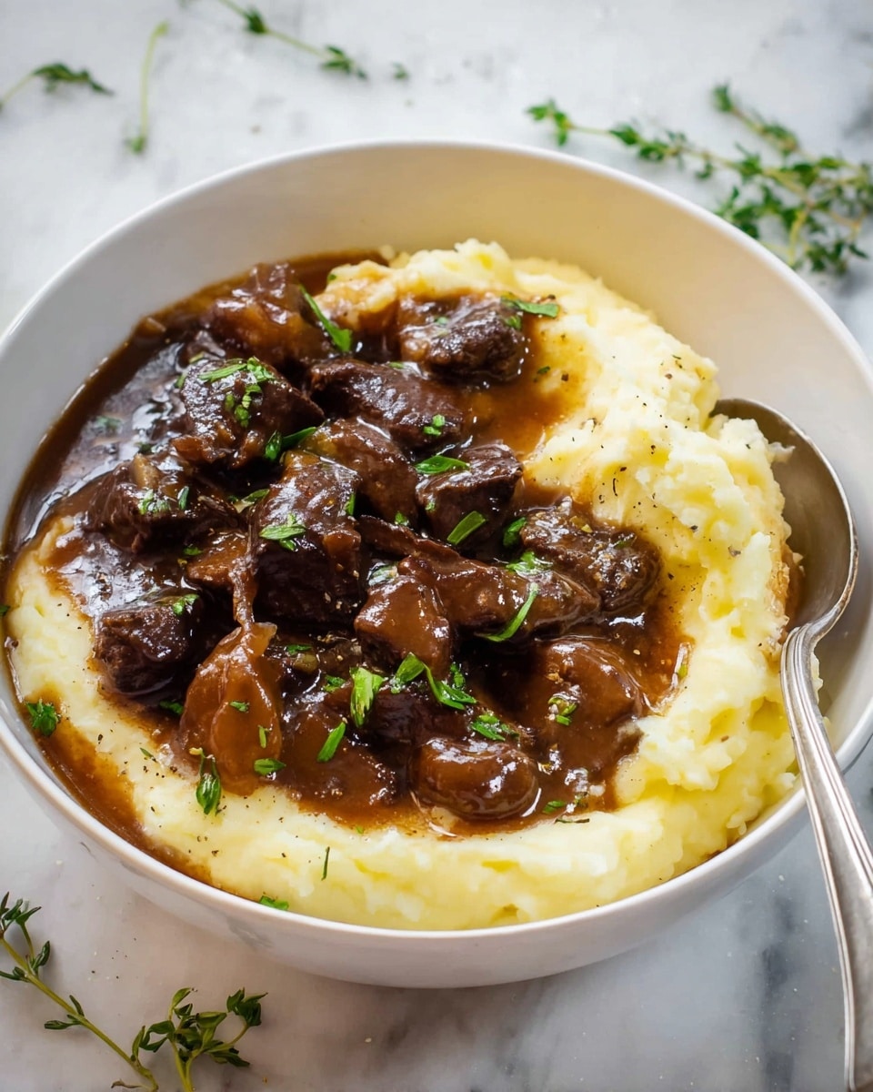 A white bowl filled with two main layers: the bottom layer is smooth, creamy mashed potatoes colored pale yellow with a soft, fluffy texture; the top layer is made of dark brown chunks of beef covered in glossy, rich brown gravy, sprinkled with small pieces of bright green herbs. A silver spoon rests inside the bowl at the right edge, and the bowl sits on a white marbled surface with some fresh green herb sprigs scattered around. photo taken with an iphone --ar 4:5 --v 7