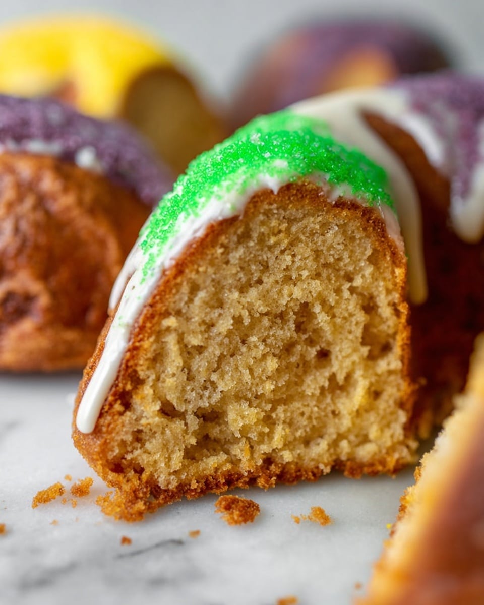 The image shows a round bundt cake with a soft brown color sitting on a wooden stand. The cake is topped with white icing that drips down the sides in thick, smooth streams. On top of the icing, there are colorful sugar sprinkles in green, yellow, and purple, arranged in three separate sections around the cake. The wooden stand has a natural, light brown finish, and the background is a white marbled texture. photo taken with an iphone --ar 4:5 --v 7
