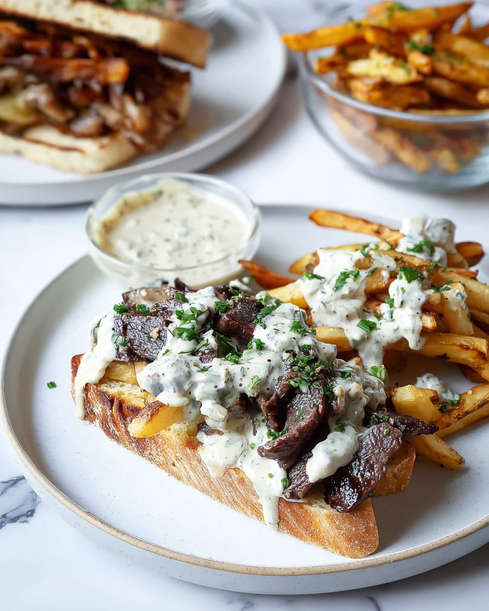 The image shows an open sandwich on a white plate with a white marbled surface beneath. The sandwich is made of two halves of toasted, slightly crispy bread. The bottom layer has golden brown fries topped with creamy white sauce with black specks, and some green chopped herbs sprinkled on top. The other half has grilled, dark brown sliced meat pieces with the same creamy sauce and green herbs on them. In the background, another sandwich is closed with fries visible inside, and a glass bowl filled with the creamy sauce is placed nearby. photo taken with an iphone --ar 4:5 --v 7