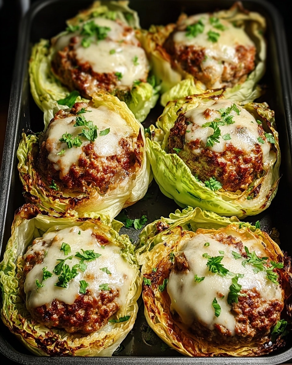 There are six round servings of cooked ground meat patties, each sitting on a base made of roasted green cabbage leaves that are slightly browned and crispy on the edges. Each meat patty is topped with a layer of melted white cheese that looks smooth and slightly browned, garnished with a small sprinkle of fresh green parsley. The servings are arranged closely together in a black baking tray, with the cabbage leaves forming a loose bowl around each patty. The texture contrasts between the juicy, browned meat, soft melted cheese, and crisp cabbage leaves create a hearty, inviting look. photo taken with an iphone --ar 4:5 --v 7
