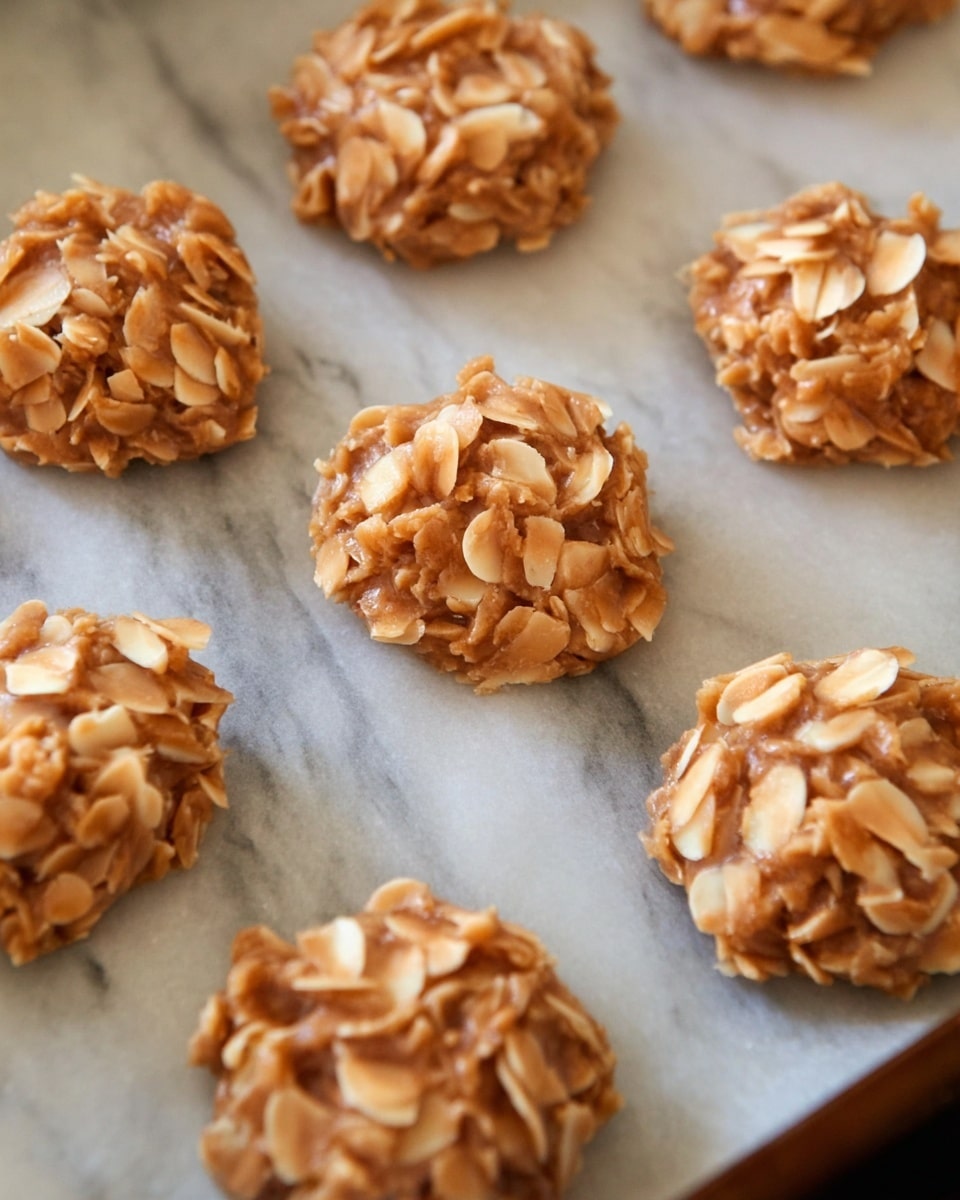 This image shows several small clusters of almond cookie dough arranged on a baking sheet. Each cookie cluster is round and uneven with visible thin, sliced almond pieces mixed in a light brown dough that has a slightly glossy and sticky texture. The almond slices give a rough texture to the cookies, and the dough looks soft and moist before baking. The baking sheet is covered with parchment paper and sits on a white marbled surface. photo taken with an iphone --ar 4:5 --v 7