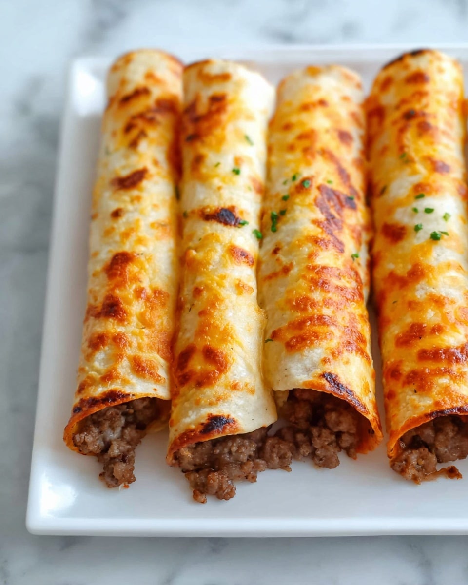 A white rectangular plate holds five rolled tacos lined up vertically. Each taco is covered with a melted, golden cheese layer that has a bubbly, slightly browned texture with small holes. The cheese covers the top and sides of the tacos, while bits of the lightly browned, seasoned meat filling peek out at the ends. Small green parsley or herb pieces are sprinkled lightly on the cheese, adding a touch of color. The plate sits on a white marbled surface. photo taken with an iphone --ar 4:5 --v 7