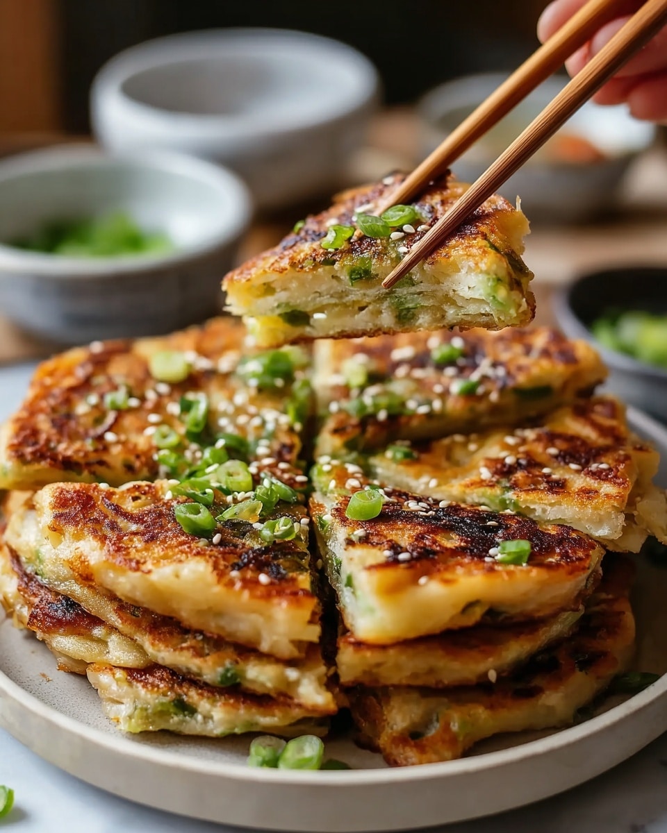 A stack of crispy, golden brown scallion pancakes cut into triangular pieces arranged in a slightly overlapping circle on a black plate, with visible layers of thin, flaky dough showing some green scallion bits inside; green chopped scallions and white sesame seeds sprinkled on top, adding color and texture; one piece being held by wooden chopsticks above the plate, showing its light and airy inside with bits of scallion; the plate sits on a white marbled surface with blurred bowls of dipping sauces in the soft background. photo taken with an iphone --ar 4:5 --v 7
