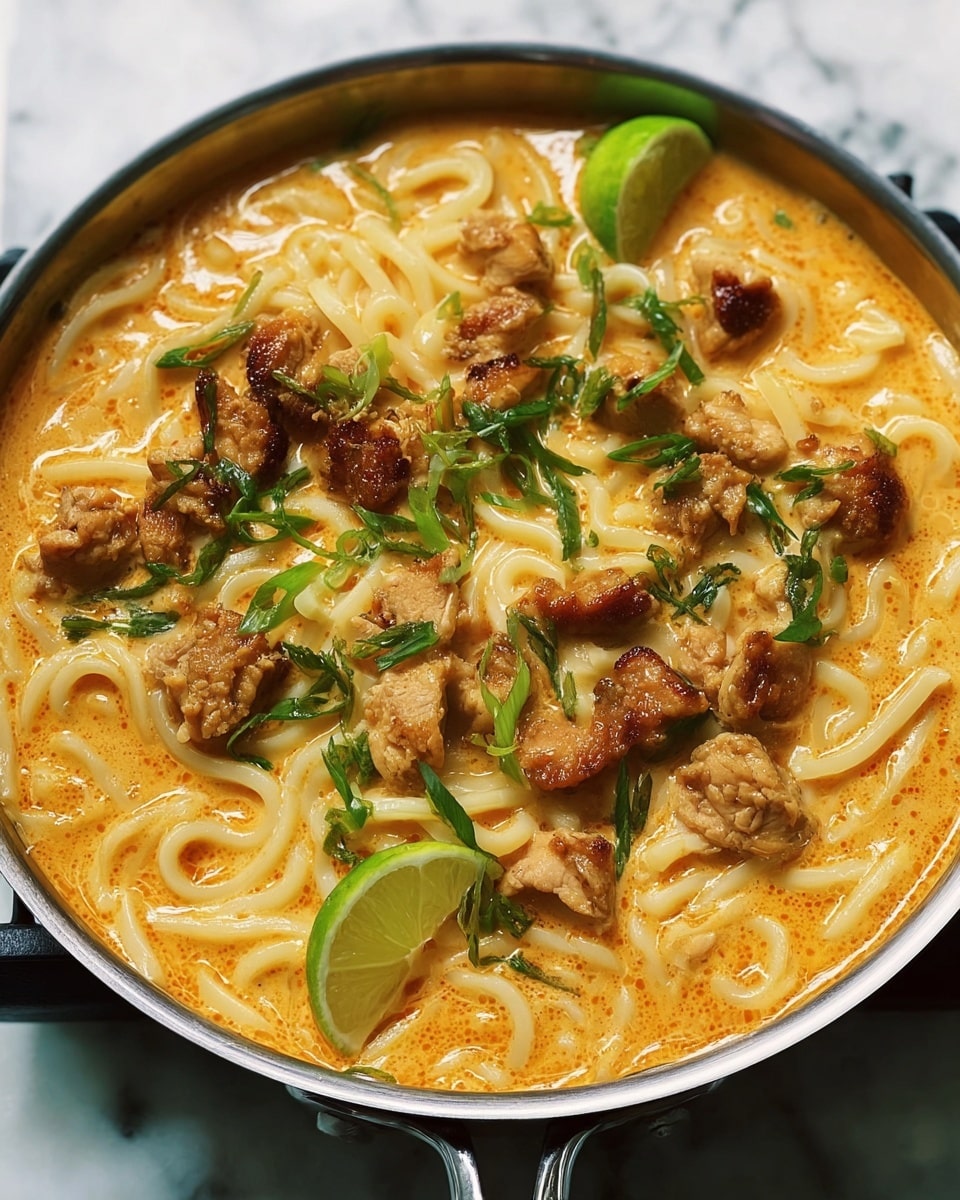 A pan filled with thick, creamy orange soup forms the base layer, holding soft, pale yellow noodles that twist and stack across the surface. On top, browned pieces of cooked chicken are scattered evenly, their crispy, golden-brown texture contrasting with the smooth soup. Bright green slices of scallions and green herbs are sprinkled lightly around, adding fresh spots of vibrant color. Three thin slices of green lime rest along the edge inside the pan. The pan sits on a white marbled surface. photo taken with an iphone --ar 4:5 --v 7