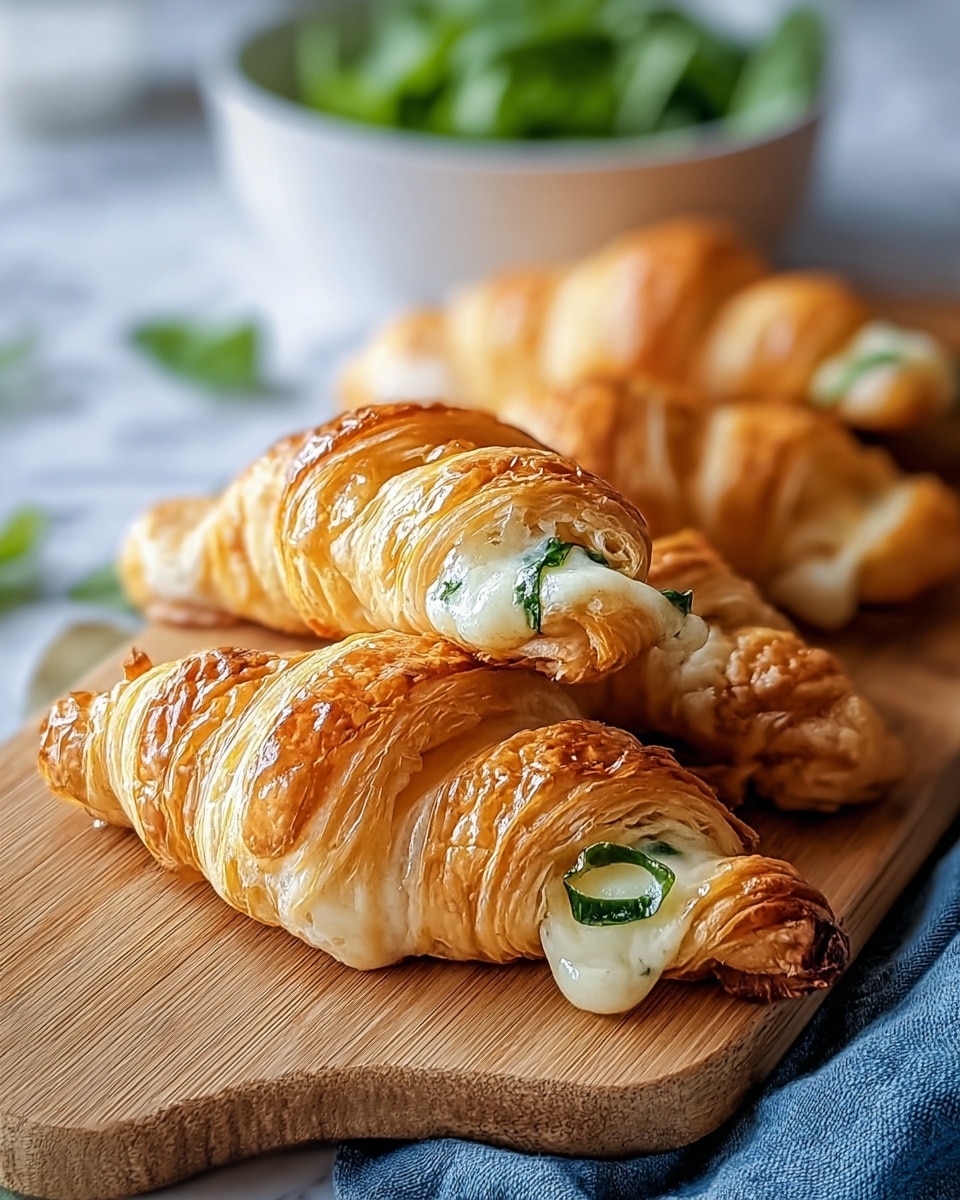 Three golden brown croissants are placed diagonally on a wooden board, each showing a middle layer of melted white cheese with green leaves peeking through. The croissants have a flaky texture with visible layers and a shiny, slightly crisp surface. In the background, a white bowl filled with fresh green leaves is slightly blurred. The setting rests on a white marbled textured surface with a blue cloth partially visible on the side. Photo taken with an iphone --ar 4:5 --v 7