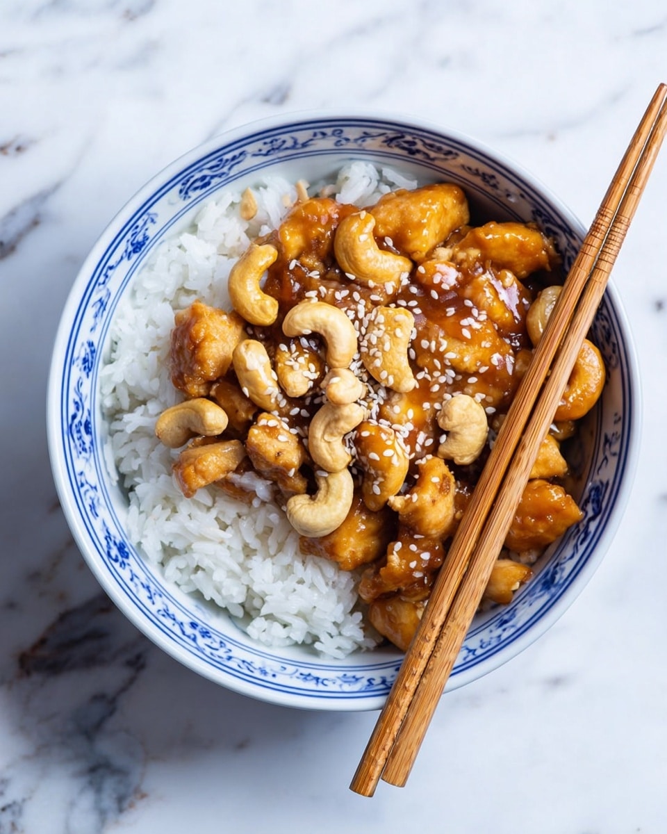 A white bowl with blue patterns holds a dish with two main layers; the bottom layer is white, fluffy cooked rice filling the bowl, and the top layer is golden-brown glazed chicken pieces coated in a shiny sauce, mixed with light beige cashew nuts and sprinkled with white sesame seeds, with a pair of light brown chopsticks resting on the right side of the bowl, all set against a white marbled surface. photo taken with an iphone --ar 4:5 --v 7
