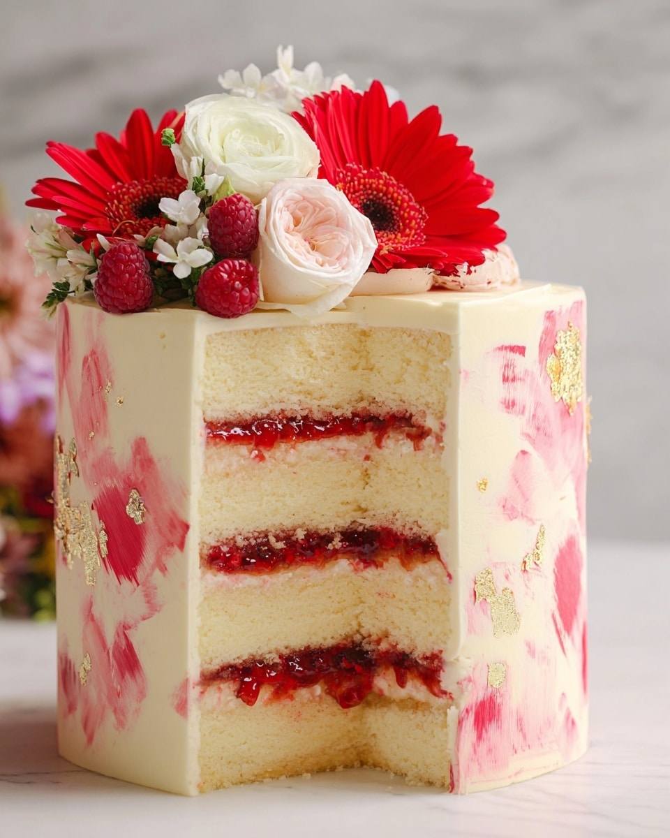 A tall cake with four thick layers of light yellow sponge, each layer separated by a thick spread of bright red, chunky berry jam and pale cream frosting. The outside of the cake is smooth, coated with light cream-colored frosting, decorated with soft pink and red brushstroke patterns, and small pieces of edible gold leaf. On top of the cake, there is a cluster of flowers including red gerbera daisies, white roses, and light pink blooms, along with a few fresh raspberries. The cake sits on a white surface with a white marbled texture in the background. photo taken with an iphone --ar 4:5 --v 7