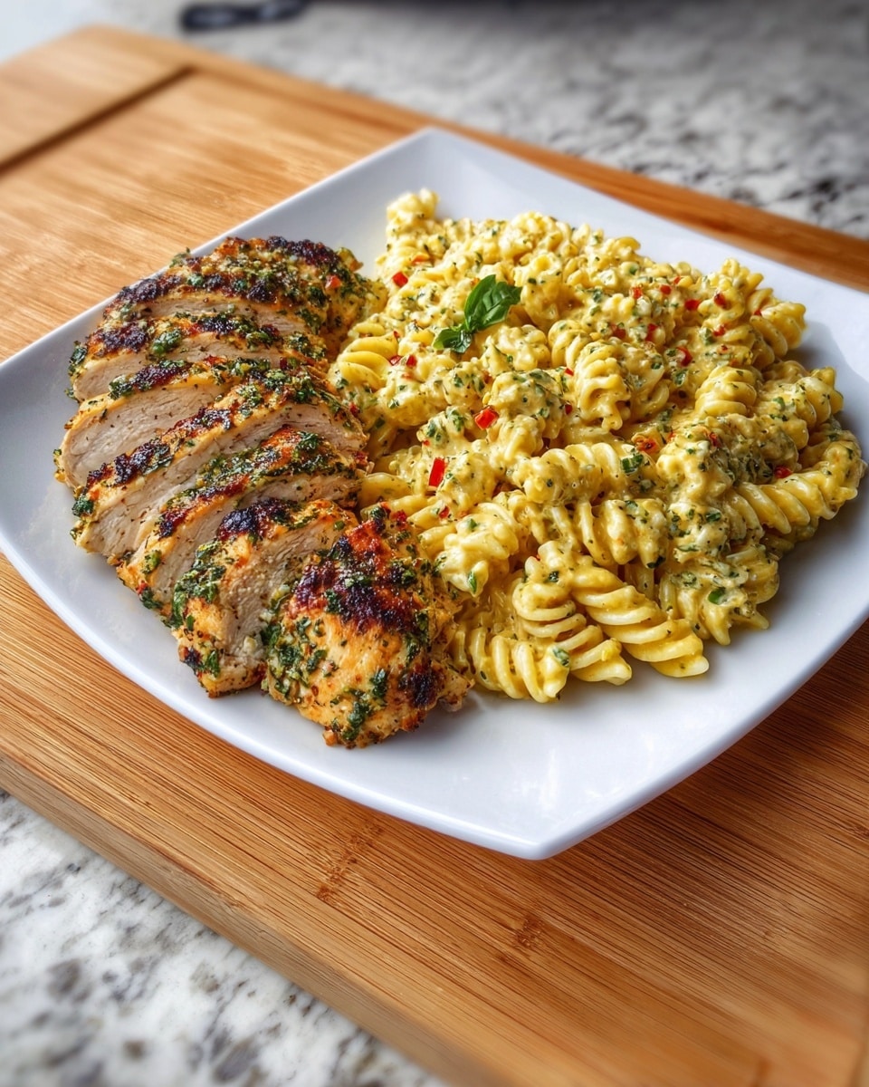 A white square plate holds a meal with two main parts: on the left, several pieces of grilled chicken breast showing a browned, slightly charred surface with red and green spices sprinkled on top, giving it a textured and crispy look; on the right, creamy rotini pasta coated in a yellow sauce mixed with green herbs and small red pepper flakes, with the spiral shapes of the pasta clearly visible and covered with sauce that looks smooth and rich. The plate is placed on a wooden cutting board, which sits on a white marbled textured surface. Photo taken with an iphone --ar 4:5 --v 7