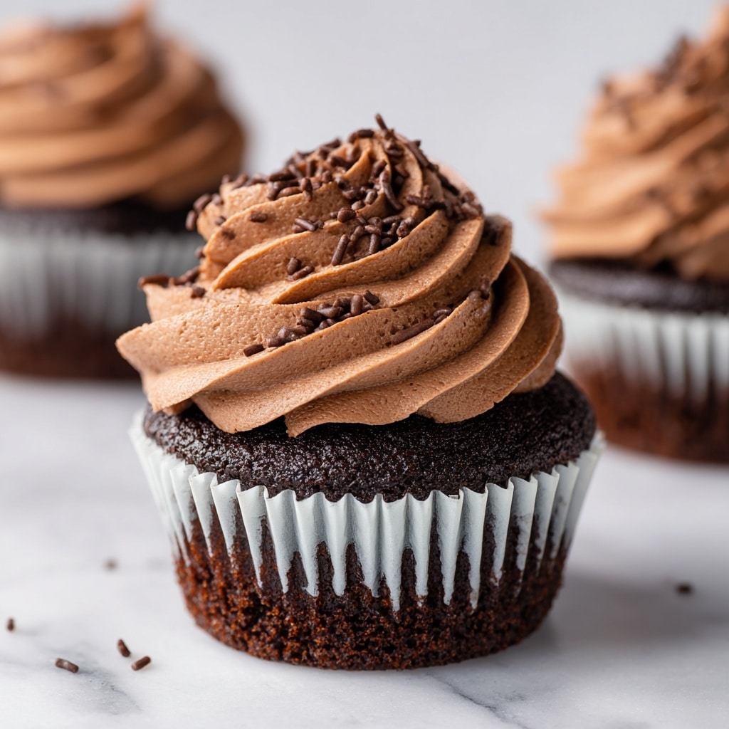 The image shows a close-up of a chocolate cupcake with a bite taken out of the front, revealing a dark, moist, crumbly texture inside. It has one layer of thick, fluffy chocolate frosting on top, decorated with small chocolate sprinkles. The cupcake is sitting on its peeled-back white and brown cupcake liner, placed on a white marbled surface scattered with a few chocolate sprinkles. In the blurred background, there are three more chocolate cupcakes topped with swirled chocolate frosting. photo taken with an iphone --ar 4:5 --v 7