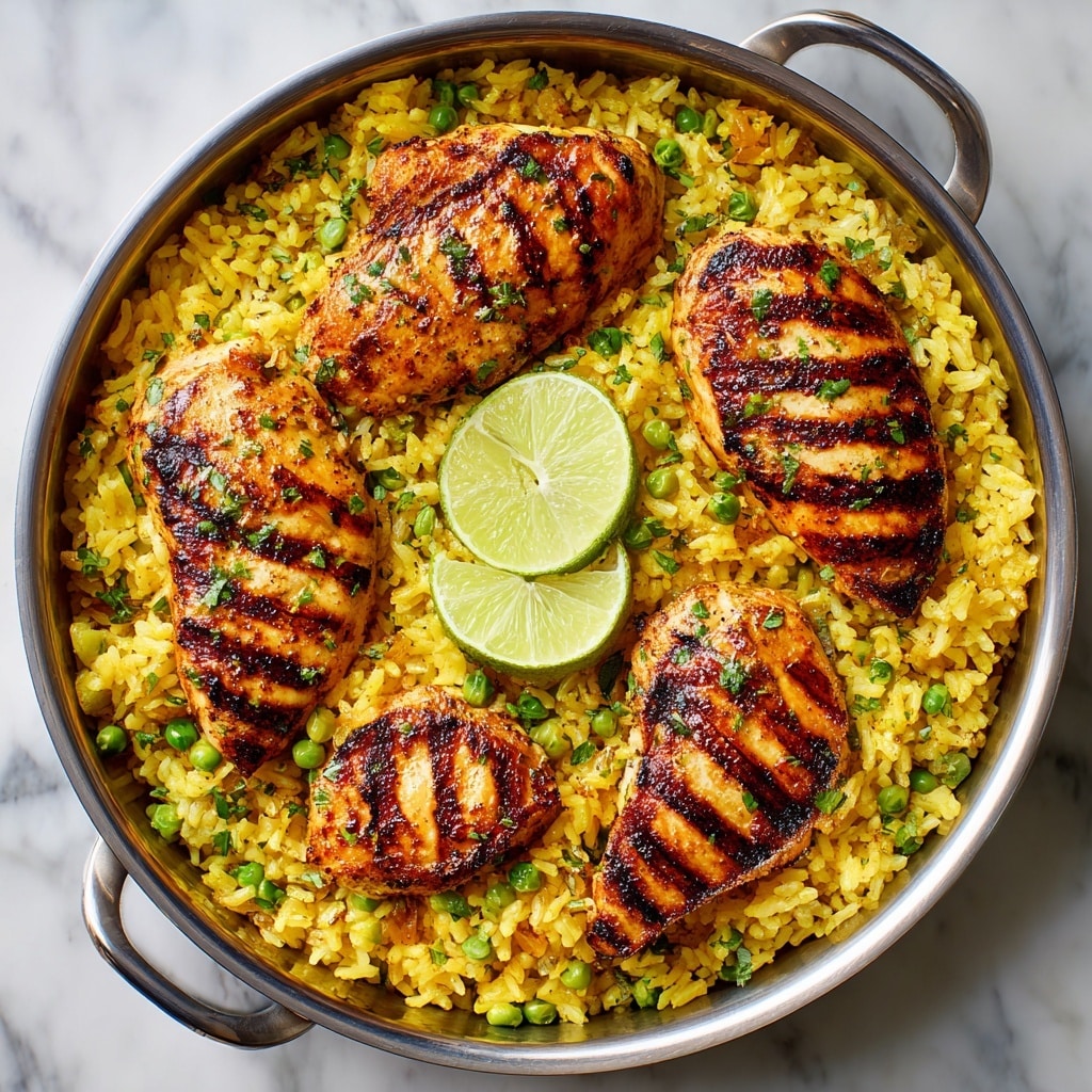 A round pan filled with a layered dish starting with a base of yellow rice mixed with green peas and small bits of herbs, creating a textured and colorful layer. On top, there are five pieces of golden-brown grilled chicken breast, evenly spaced around the pan, each showing grill marks and sprinkled with chopped herbs. At the center of the dish sit two lime wedges, adding a fresh contrast to the warm colors of the rice and chicken. The pan rests on a white marbled surface. photo taken with an iphone --ar 4:5 --v 7