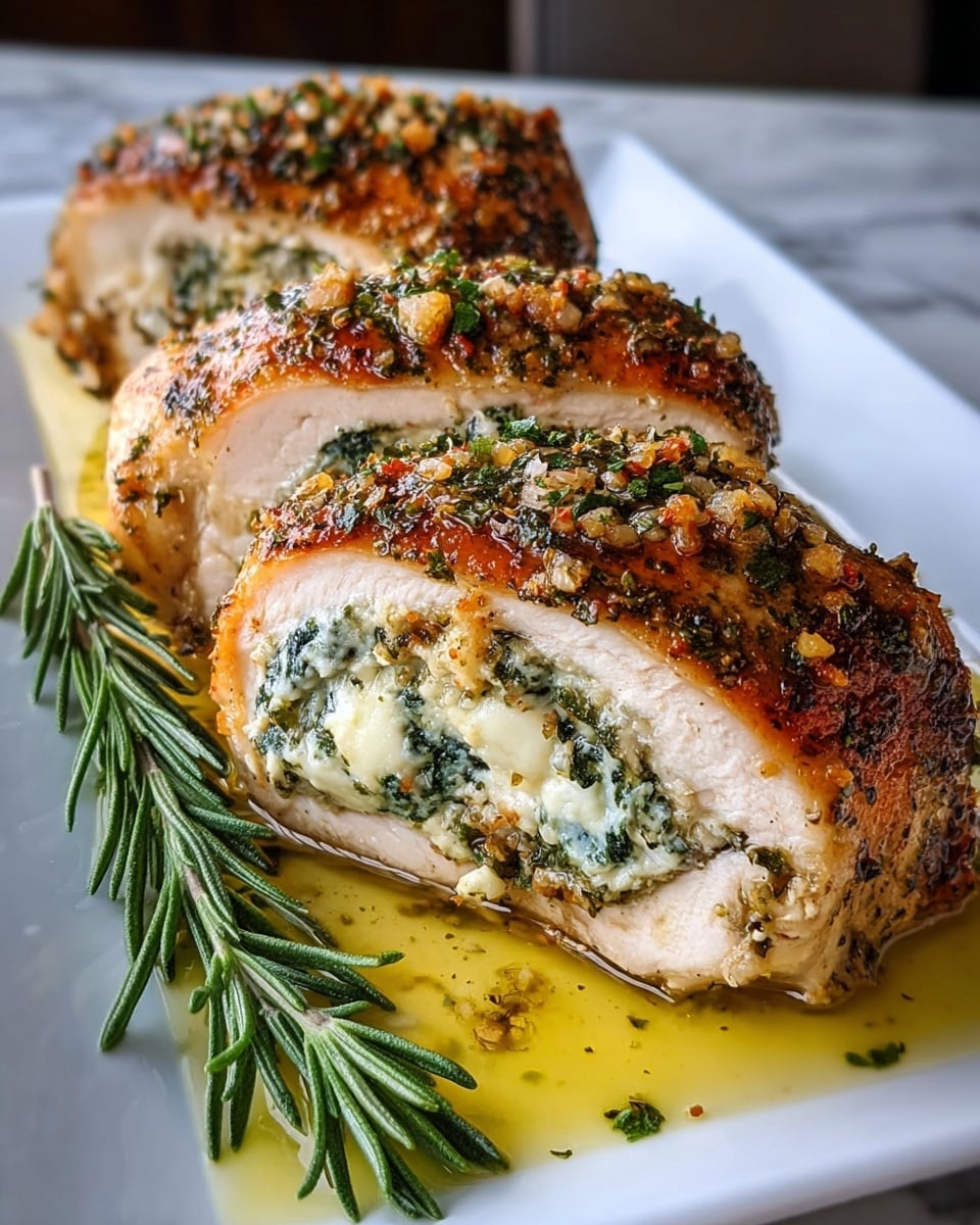 The image shows four pieces of stuffed chicken breasts arranged in a row on a white plate, each cut to reveal three layers: the outer golden-brown, herb-crusted chicken with a slightly crispy texture, the middle creamy white cheese mixed with green herbs, and the inner white tender chicken meat. The chicken is covered in a light oily sauce with finely chopped herbs spread on top. A fresh green sprig of rosemary rests on the second piece from the front. The plate sits on a white marbled surface. Photo taken with an iphone --ar 4:5 --v 7