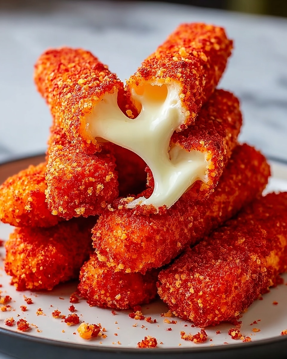 A close-up of a stack of seven red crispy sticks on a white plate, each stick coated in a crunchy red crumb layer mixed with small orange bits. The sticks are arranged in a pile with one stick on top broken open, showing a white, gooey melted cheese filling stretching out. Some crumbs are scattered around the plate, and the background shows a soft white marbled texture. The photo taken with an iphone --ar 4:5 --v 7