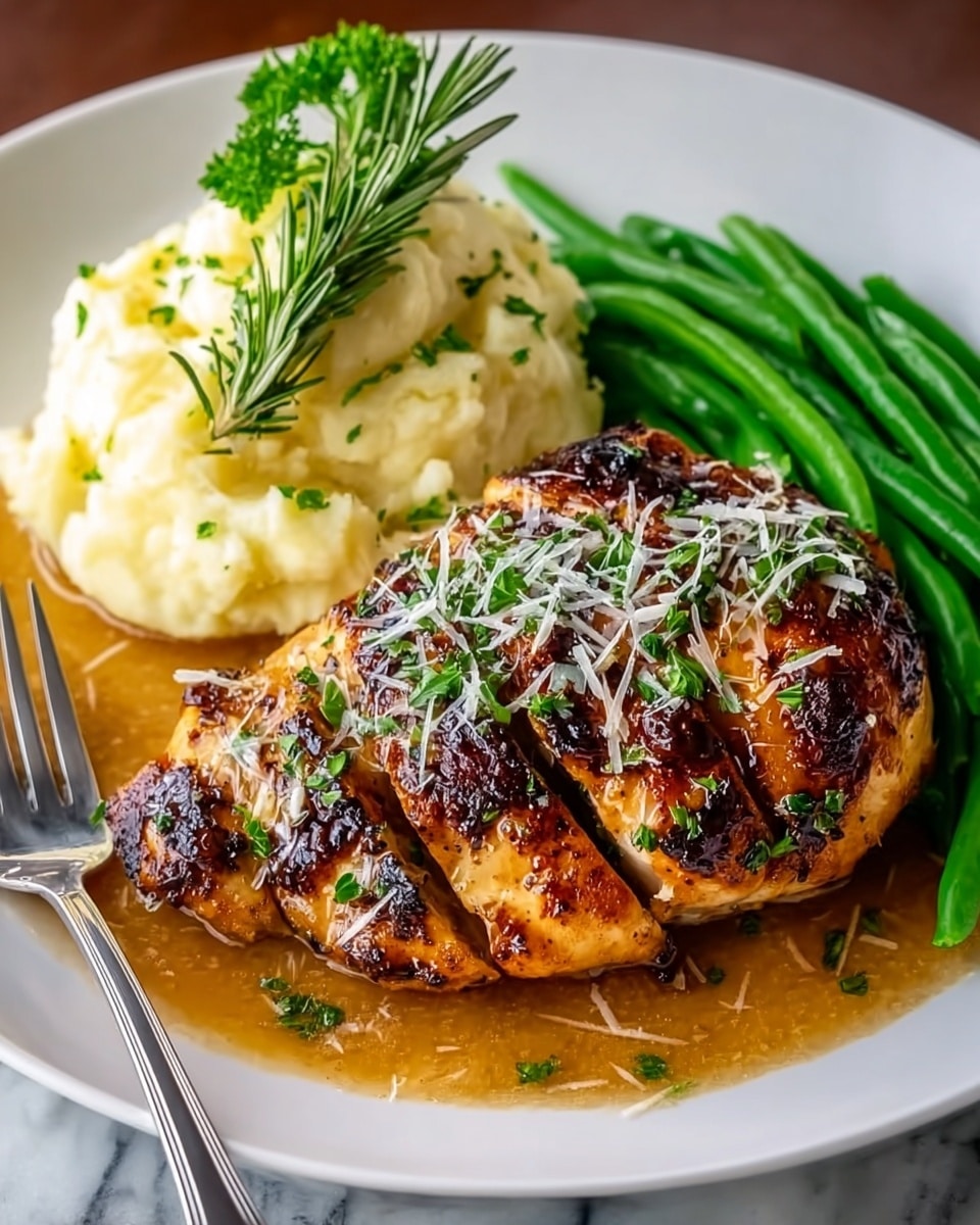 A white plate holds a grilled chicken breast with a crispy, dark golden-brown crust, topped with chopped green herbs. Behind the chicken, there is a mound of creamy, pale yellow mashed potatoes with some green herb sprinkles on top. To the left of the chicken, a row of bright green steamed asparagus spears is neatly arranged. The dish is resting on a pool of rich, golden-brown sauce that glistens, and a silver fork lies partially on the plate near the chicken. The background features a soft focus with a white marbled texture surface. photo taken with an iphone --ar 4:5 --v 7