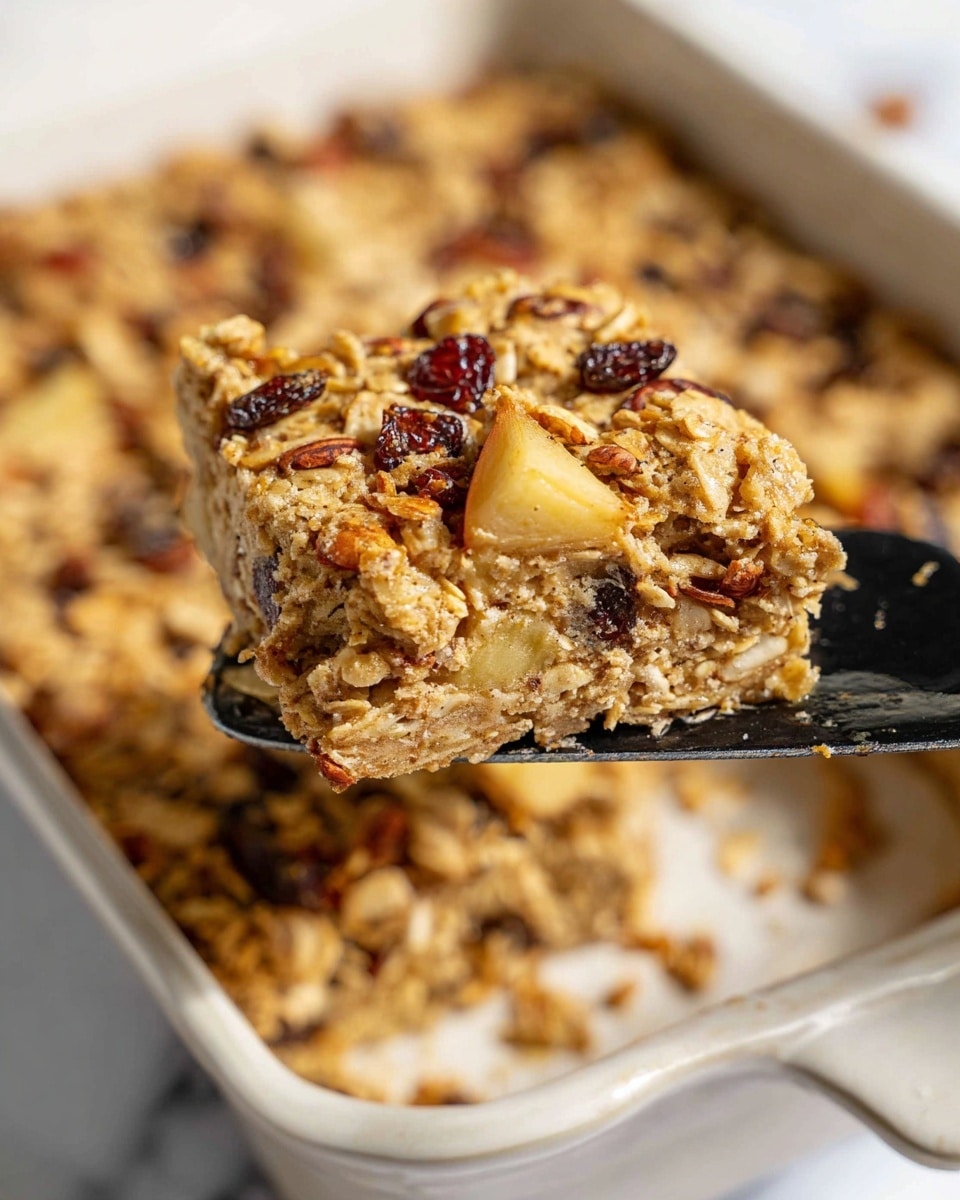 A close-up view of a rectangular white ceramic baking dish containing a baked oatmeal slice being lifted by a black spatula. The oatmeal slice has a textured surface with visible layers of light golden-brown oats mixed with chunks of softened apple pieces, dark raisins, and light brown nut pieces. The background shows more baked oatmeal in the same dish, with a soft, moist, and slightly crumbly texture overall. The dish sits on a white marbled texture surface that softly reflects light. photo taken with an iphone --ar 4:5 --v 7