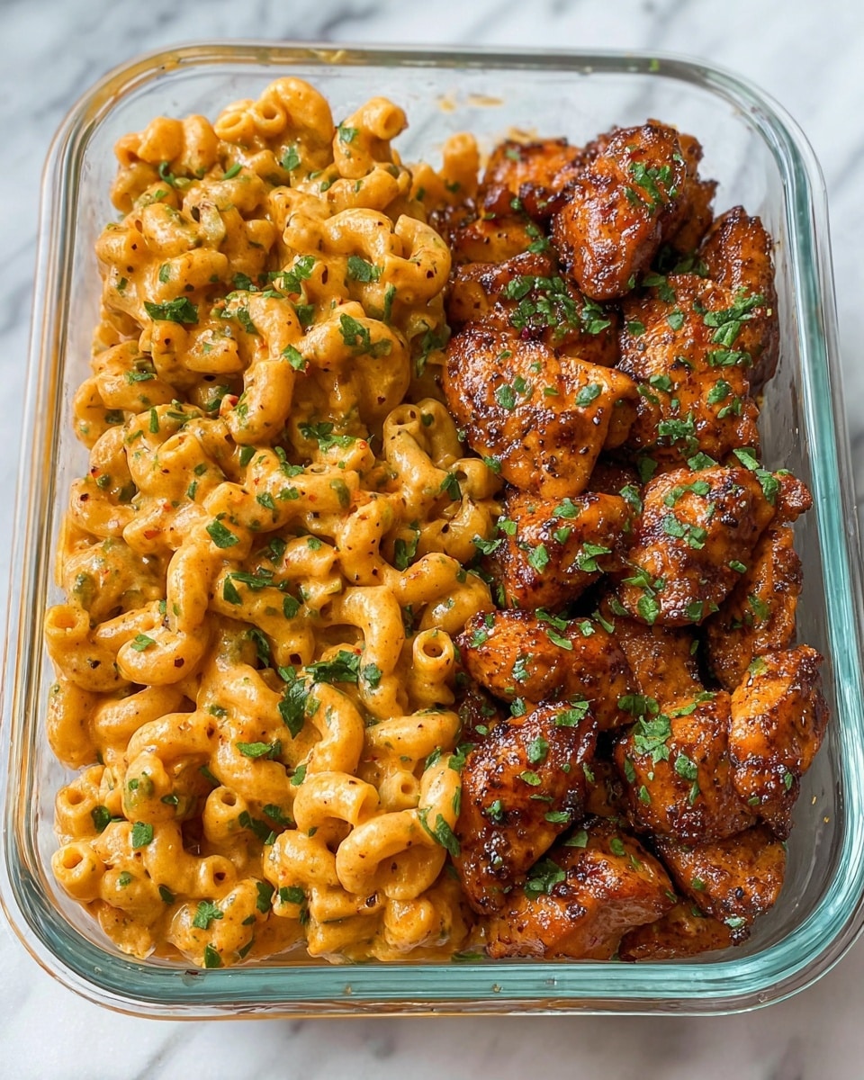 Three clear rectangular glass containers are filled evenly with two parts of creamy, orange cheese-covered curly pasta on the left and one part of browned, well-seasoned chicken pieces on the right, each piece garnished lightly with green herbs. The pasta is smooth and coated with a thick cheesy sauce, while the chicken chunks have a crispy, textured surface with visible spices. All containers sit on a white marbled surface, arranged in a neat vertical line, showing consistency in portion and presentation. photo taken with an iphone --ar 4:5 --v 7