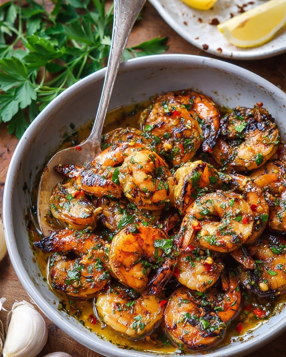 A round white bowl filled with one layer of grilled shrimp that are golden brown with dark grill marks, topped with finely chopped green herbs and small bits of red chili scattered evenly across the shrimp. A shiny silver spoon rests on the right side inside the bowl, partially covered in a light oily sauce with herbs, showing the juicy texture of the shrimp. The bowl sits on a wooden surface with fresh green parsley leaves nearby, and a white bowl with garlic and parchment paper is partly visible in the top left corner. Photo taken with an iphone --ar 4:5 --v 7