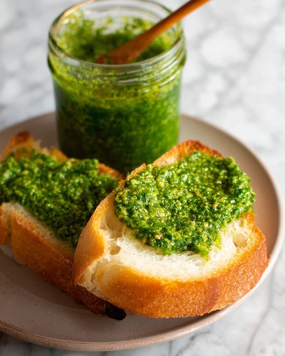 Two thick slices of crusty bread with a golden-brown crust and soft white inside are on a white plate. Each slice is generously spread with a coarse, bright green pesto sauce that has a slightly oily texture and small bits of herbs. Behind the bread, there is a clear glass jar filled with the same green pesto, with a wooden spoon sticking out. The background has a white marbled texture. photo taken with an iphone --ar 4:5 --v 7