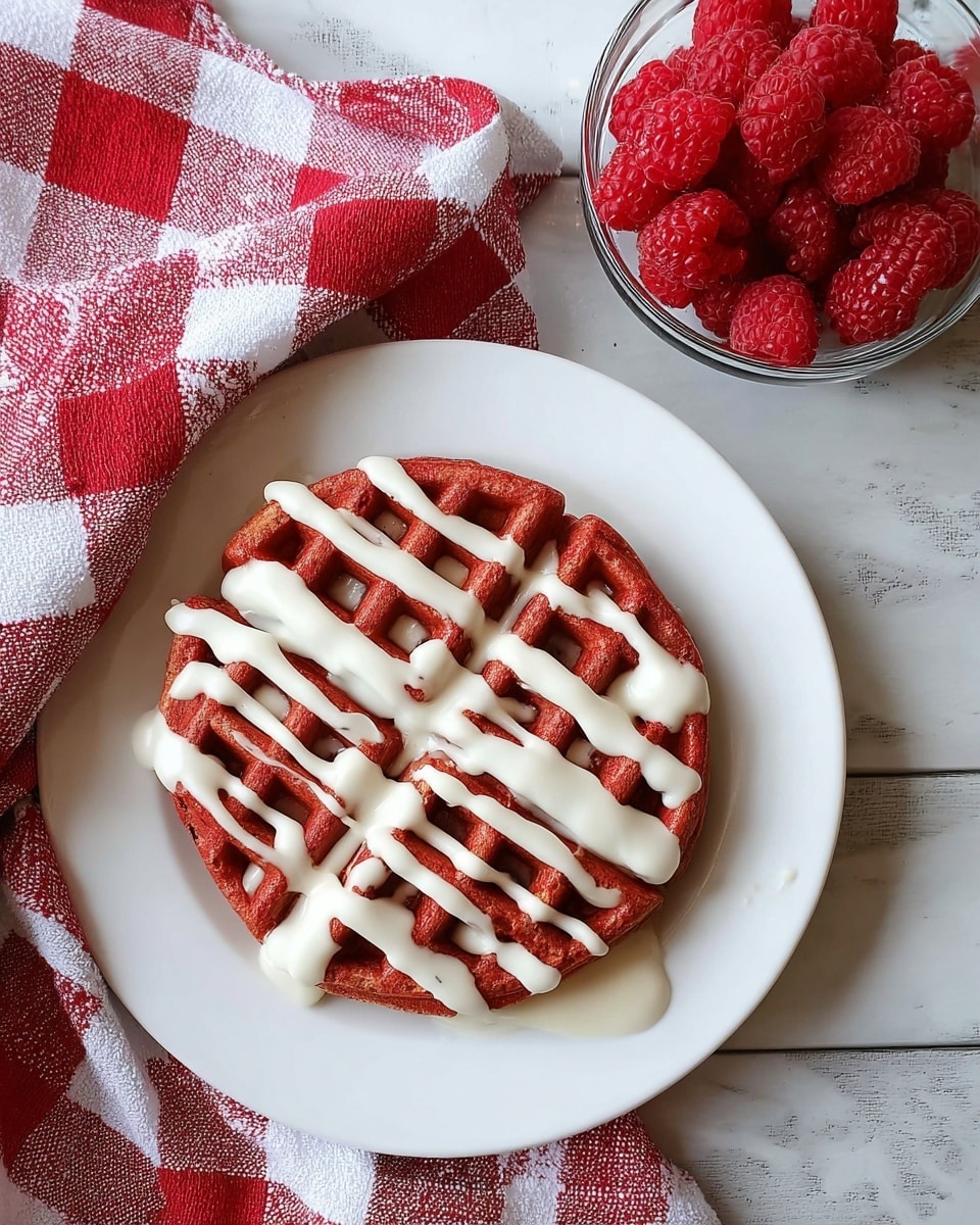 A single red waffle sits centered on a white plate, topped with uneven white icing drizzled across it in thick lines, partly filling some waffle pockets. Above the plate, a clear bowl filled with fresh red raspberries is placed. To the right of the plate, a red and white checkered cloth is casually folded. The background is a white marbled texture. photo taken with an iphone --ar 4:5 --v 7