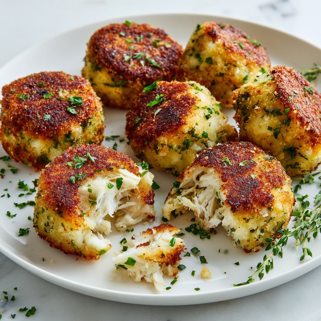 The image shows several golden brown crab cakes with a crispy outer layer and a soft, flaky white inside, arranged closely on a white plate. The crab cakes have a slightly rough texture on the surface with a mix of dark brown and lighter golden spots, sprinkled with fresh green herbs. One crab cake in the front has a small bite taken out, revealing the white crab meat inside. The plate is placed on a white marbled surface with more green herb leaves scattered around. Photo taken with an iphone --ar 4:5 --v 7