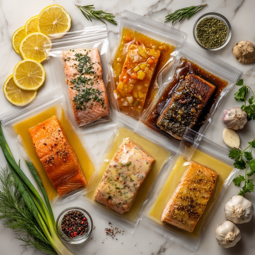 The image shows six cooked salmon pieces on a baking tray lined with white parchment paper, placed on a white marbled surface with a checkered cloth nearby. The pieces vary in size and texture: top left is light pink with herbs and garlic on top, top right is a smooth, darker pink-orange fillet with a slightly charred edge, middle left is a light pink piece with a speckled herb garnish, middle right is coated in a mustard-yellow sauce with green herbs, bottom left is darker orange with charred grill marks, and bottom right is coated in a yellow sauce with herbs sprinkled on it. photo taken with an iphone --ar 4:5 --v 7