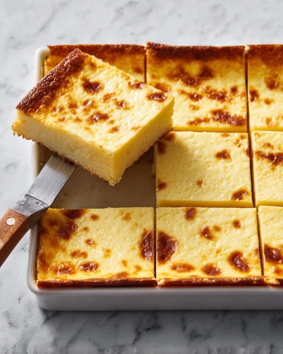 The image shows two soft, golden-brown square pieces of a dessert with a slight shiny glaze on top. Each square has a grid-like pattern of shallow cuts across the surface, making small diamond shapes. The texture looks smooth and moist inside with a slightly crispy caramelized top layer. The squares are served on a white rectangular plate, placed on a white marbled surface. A small green mint leaf decorates the front square, adding a fresh touch to the warm color of the dessert. Photo taken with an iphone --ar 4:5 --v 7