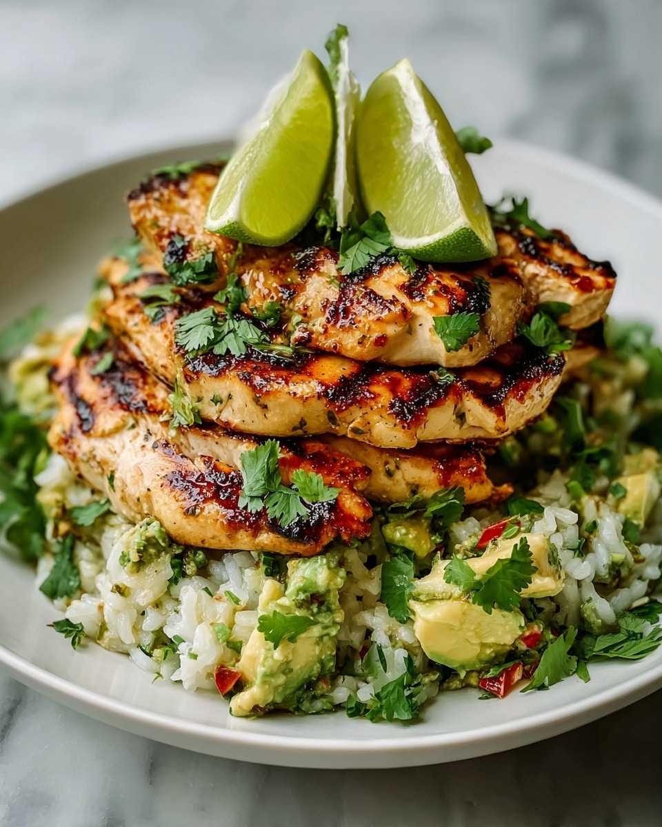 The image shows a white plate with three layers. The bottom layer is white cooked rice with a loose texture and some green chopped herbs sprinkled on and around it. The middle layer is vibrant green avocado slices arranged neatly. The top layer has three grilled chicken breasts with clear dark grill marks, a golden-brown color, and pieces of chopped red chili and green herbs on top. Three slices of lime rest behind the chicken, adding a fresh look. The plate is placed on a white marbled texture surface. photo taken with an iphone --ar 4:5 --v 7
