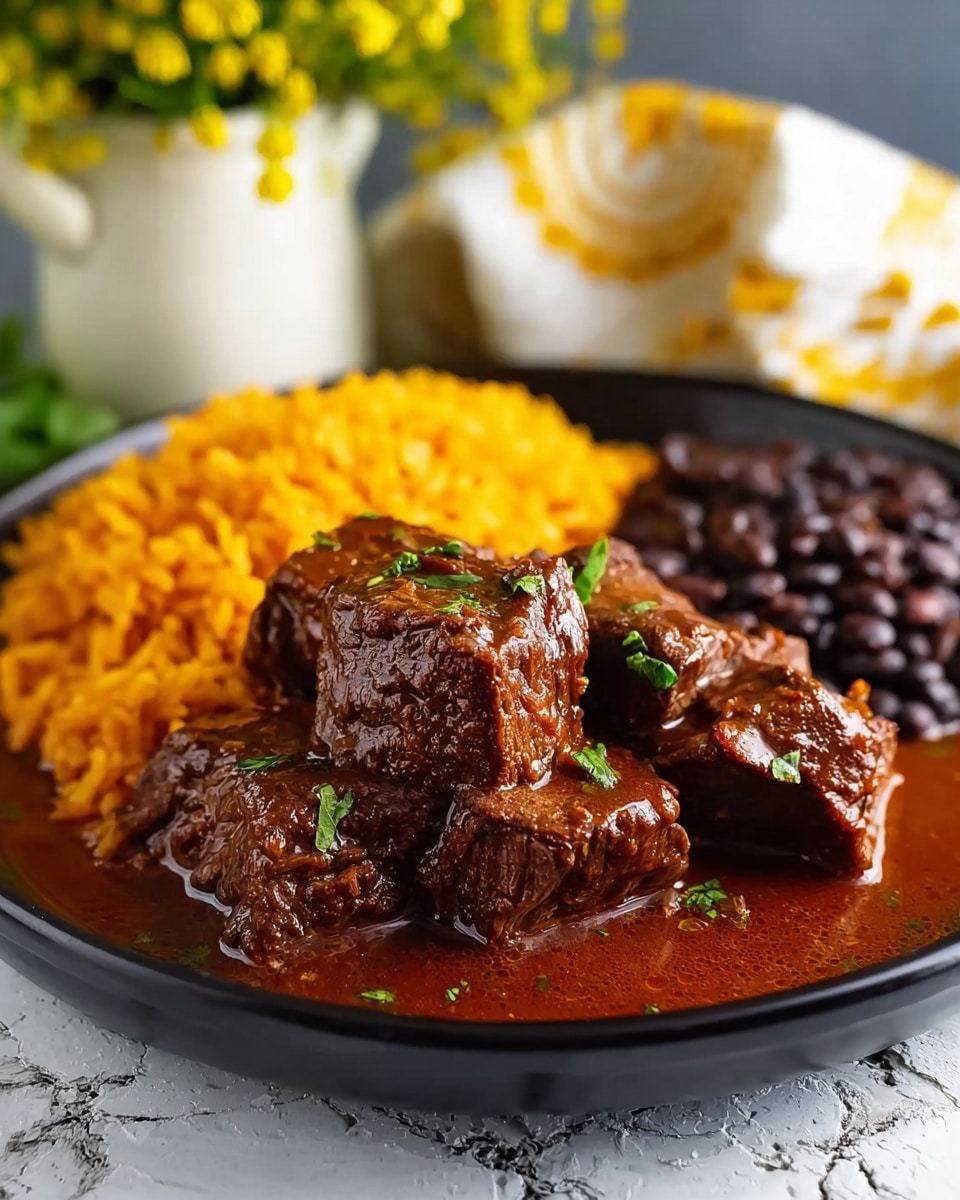 A close-up view of a white bowl filled with rich, dark red chili stew containing tender chunks of meat evenly submerged in thick sauce. A spoon with shiny silver texture holds four pieces of the meat covered in glossy, deep reddish-brown sauce, showing the stew’s hearty, slightly oily texture. The background is softly blurred with hints of yellow, and the bowl rests on a white marbled surface. photo taken with an iphone --ar 4:5 --v 7