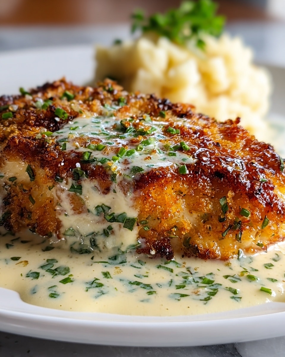 A close-up of a thick, golden-brown piece of fish with a crispy crust sprinkled with green herbs, sitting on a pool of creamy white sauce that has small green bits mixed in. Behind the fish, there is a small mound of light mashed potatoes slightly out of focus on a white plate. The scene is set on a white marbled surface with a blurred background, giving a warm and inviting feel. photo taken with an iphone --ar 4:5 --v 7
