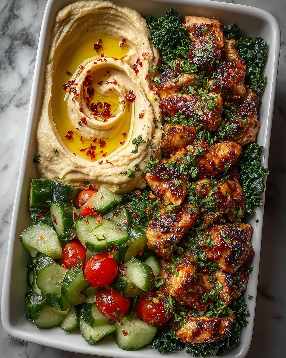 A white rectangular dish is filled with three distinct layers arranged side by side: on the left is a smooth, creamy layer of light beige hummus with a well in the center filled with golden olive oil and sprinkled red chili flakes; in the middle is a chunky salad made of bright green cucumber pieces and halved red grape tomatoes mixed with fresh green herbs; on the right are golden-brown grilled chicken chunks with a slightly charred texture and sprinkled with fresh chopped green herbs, all resting on a bed of dark leafy greens at the back. The dish sits on a dark wooden surface. Photo taken with an iphone --ar 4:5 --v 7