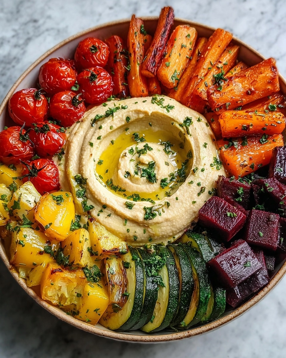 A bowl filled with six colorful layers is shown on a white marbled texture. In the center, a swirl of creamy beige hummus with a small pool of olive oil and sprinkled green herbs sits as the middle layer. Surrounding the hummus, starting from the top left and moving clockwise, there are deep purple cubes of roasted beets, orange and yellow roasted bell pepper pieces, golden brown grilled zucchini chunks, finely chopped dark green kale, light golden roasted potato cubes, and shiny red roasted cherry tomatoes, all topped with small bits of green herbs. The bowl is white, and the colors are vibrant and warm, with a mix of smooth, soft, and slightly charred textures photo taken with an iphone --ar 4:5 --v 7