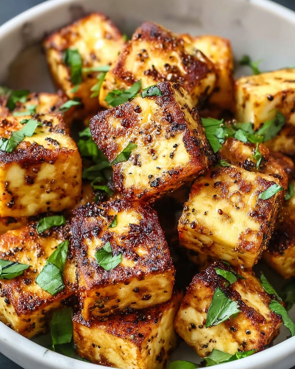 The image shows several small cubes of fried paneer, each piece golden brown with crispy edges and a slightly browned surface, dotted with black pepper and seasoning. The paneer cubes are garnished with small, fresh green herb leaves, likely parsley or cilantro, scattered evenly on top. The dish is presented in a white bowl with a white marbled texture background visible around it. photo taken with an iphone --ar 4:5 --v 7