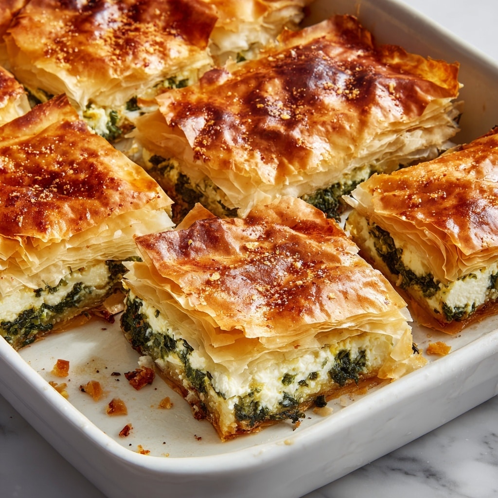 A white baking dish holds several square slices of a flaky phyllo pastry pie, each piece showing multiple thin, crisp, golden-brown layers on top, with a visible green and creamy filling beneath made of spinach and cheese. The pastry edges are uneven and flaky, with some scattered small broken pieces around the cut sections, revealing the airy and light texture. The green filling has a slightly chunky texture that contrasts with the smooth, golden pastry layers above and below. The dish is placed on a white marbled surface. photo taken with an iphone --ar 4:5 --v 7