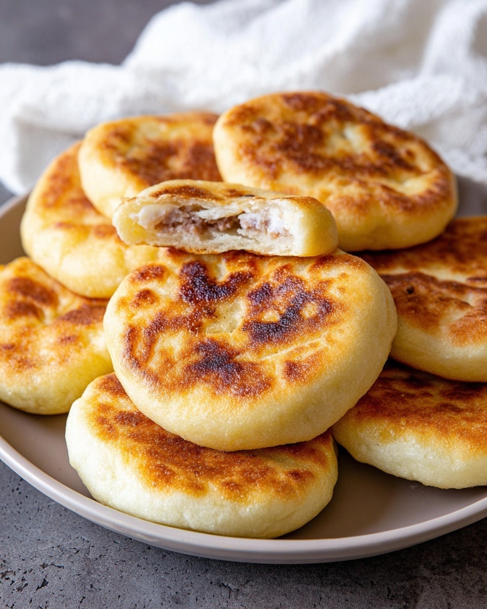 The image shows a close-up of seven golden-brown fried pancakes stacked closely together in a white plate with a dark rim. Each pancake has a crispy, slightly uneven surface with a mix of lighter and darker brown spots, giving a textured look. The pancakes are round and thick, showing a soft, fluffy inside under the crunchy outer layer. They fill most of the plate, which rests on a white marbled texture surface. photo taken with an iphone --ar 4:5 --v 7