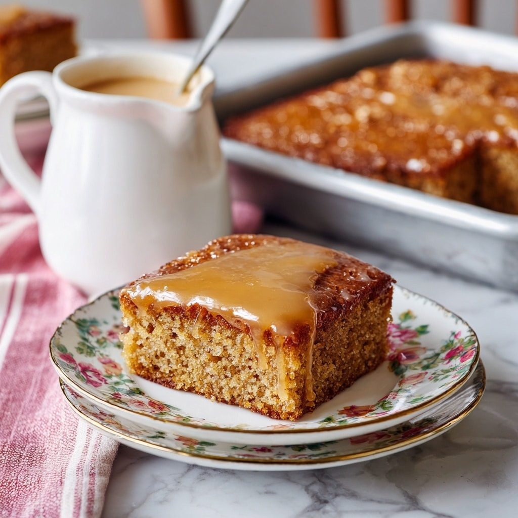 The image shows a single square piece of cake with a shiny glaze on top, placed on a stack of two white plates with floral patterns on the edges, resting on a white marbled surface. The cake has a golden-brown color and a moist texture. Behind the plates, there is a white jug filled with a creamy, light-colored sauce, sitting on a pink and white striped cloth. Next to the jug is a large baking pan with the remaining cake, showing a rough, golden-brown top with a slightly uneven surface. The scene is warm and inviting. photo taken with an iphone --ar 4:5 --v 7