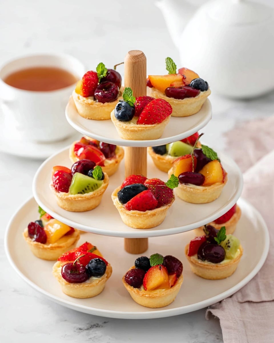 A three-layer white stand holds small fruit tarts on each tier. Each tart has a light golden crust filled with cream and is topped with a variety of fresh fruits: bright red strawberries, deep red cherries, orange peach slices, green kiwi pieces, and dark blueberries. Some tarts are garnished with small green mint leaves. The tarts are evenly spaced on the round white plates of the stand, which has a wooden center post. In the background, there is a white teapot and a white cup with light brown tea, all set on a white marbled surface. photo taken with an iphone --ar 4:5 --v 7