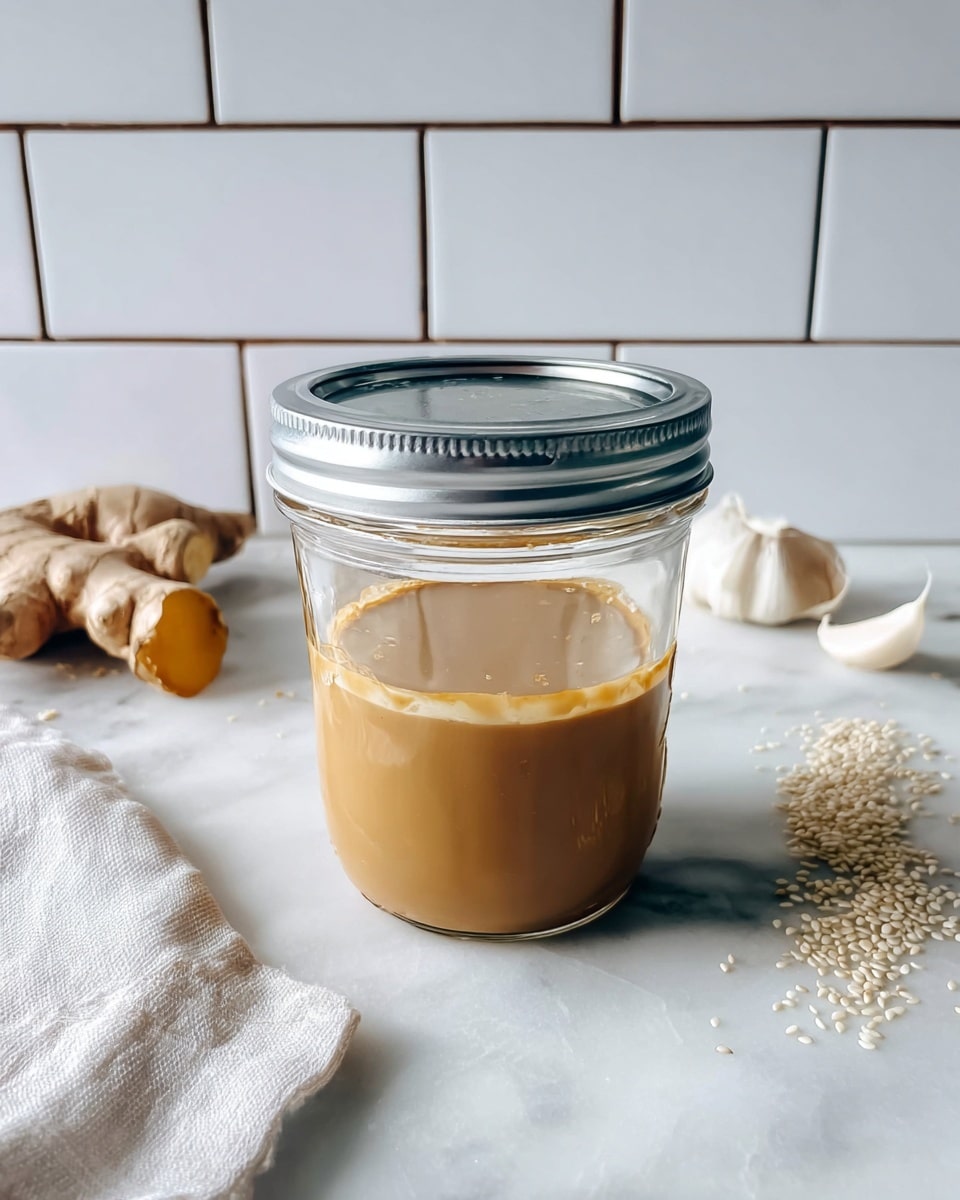A clear glass jar with a silver lid is filled halfway with a smooth light brown liquid with a thin lighter cream layer floating on top, placed on a white marbled surface. Around the jar, there are scattered sesame seeds, a piece of ginger, garlic cloves, and a white cloth on the left side. The background shows white tiles with dark grout lines. photo taken with an iphone --ar 4:5 --v 7