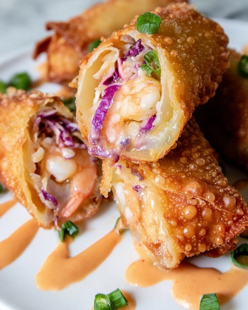 The image shows crispy golden-brown fried egg rolls cut in half on a white plate, revealing layers inside that include shredded purple cabbage, white shrimp pieces, and green scallion slices. A light orange creamy sauce is drizzled over and around the egg rolls with small extra scallion bits scattered closely, all placed on a white marbled surface. The texture of the fried shell is crunchy with small bubble spots, and the filling layers add a mix of vibrant purple, white, and green colors. photo taken with an iphone --ar 4:5 --v 7