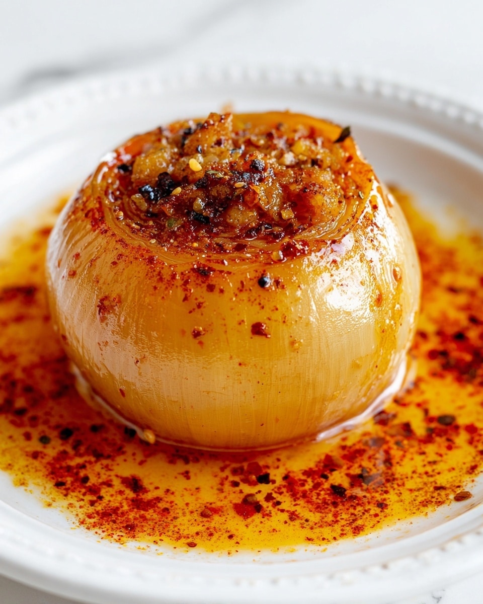 A close-up of a whole cooked onion sitting in the center of a white plate on a white marbled surface. The onion is soft and slightly translucent with a golden-brown color, showing a shiny texture from the oil covering it. The top part of the onion is open, revealing small pieces of browned seasoning and herbs inside, coated with thick reddish-orange oil and spices. Around the onion's base, there is a generous pool of spicy oil mixed with red chili powder and small dark specks of seasoning, spreading outwards on the plate. The lighting highlights the oil's glossy shine and the moist texture of the onion's layers. photo taken with an iphone --ar 4:5 --v 7