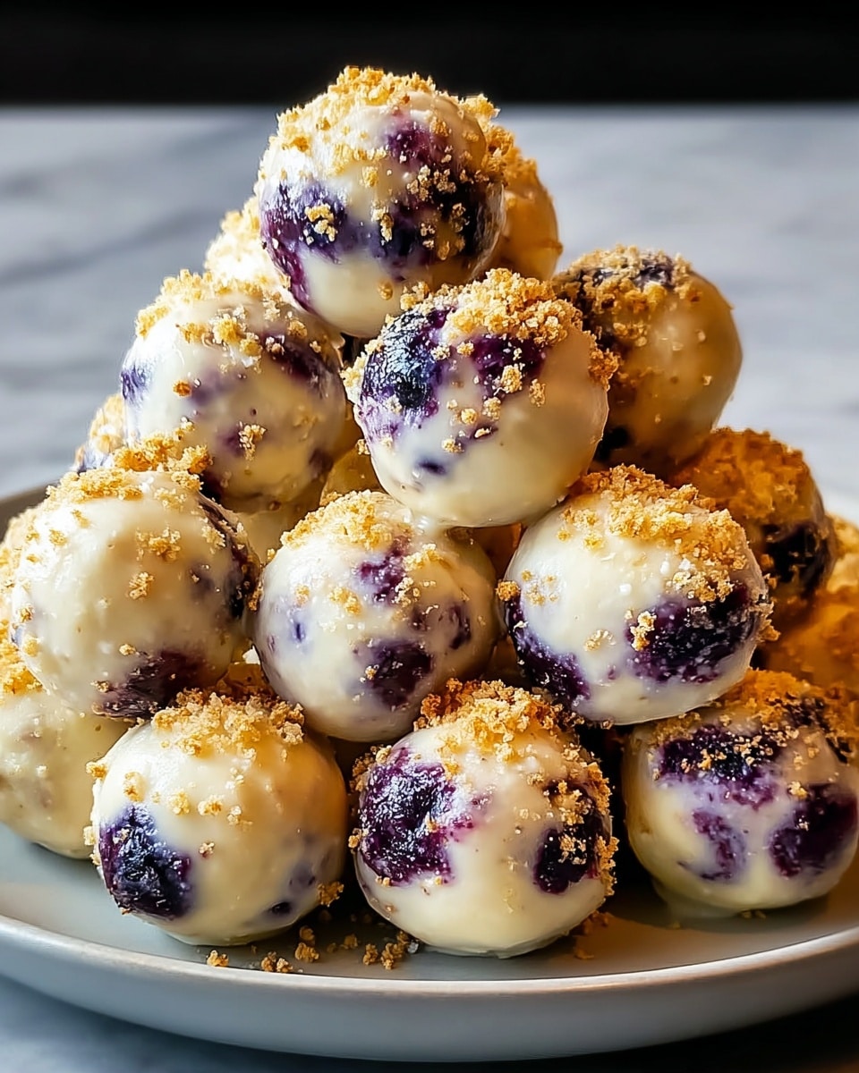 A close-up of small round cakes stacked on a white plate, each cake with a golden-brown toasted crust on the outside and bursting with deep purple blueberries embedded inside and slightly peeking out on top. The cakes have a creamy, slightly glossy texture with scattered crisp bits giving a crunchy appearance over the soft, smooth body. The background is a white marbled texture, softly blurred to keep focus on the warm, inviting cakes. photo taken with an iphone --ar 4:5 --v 7