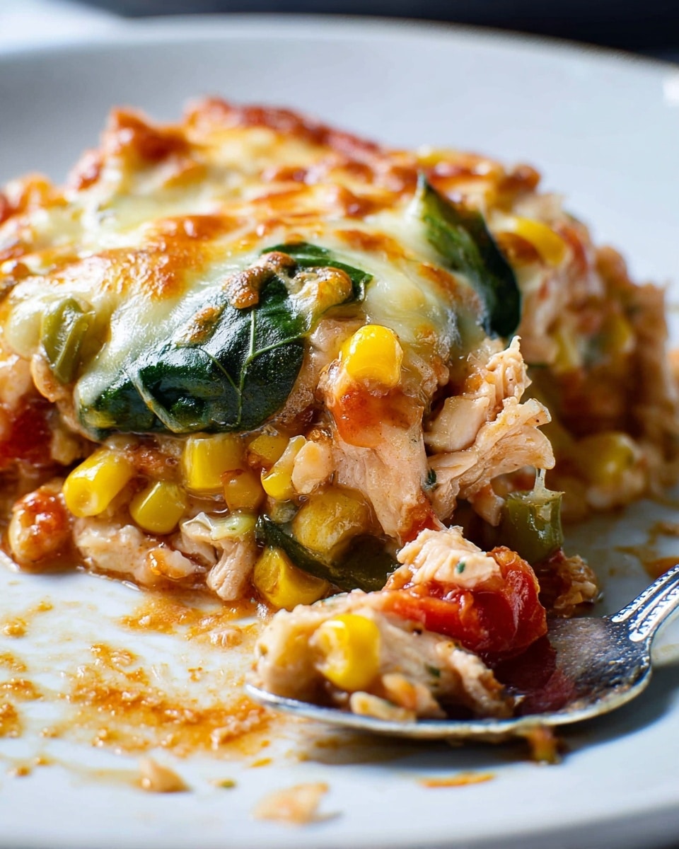 A close-up view of a creamy vegetable and chicken casserole layered on a white plate with melted golden brown cheese on top, soft chunks of light pink chicken mixed with bright yellow corn kernels and small pieces of red tomato scattered throughout. Large dark green leafy pieces are tucked underneath, adding a fresh color contrast, and the dish looks moist and cheesy with a rich, slightly reddish sauce. A spoon rests on the plate near the edge, with some sauce and crumbs spread around. The photo taken with an iphone --ar 4:5 --v 7
